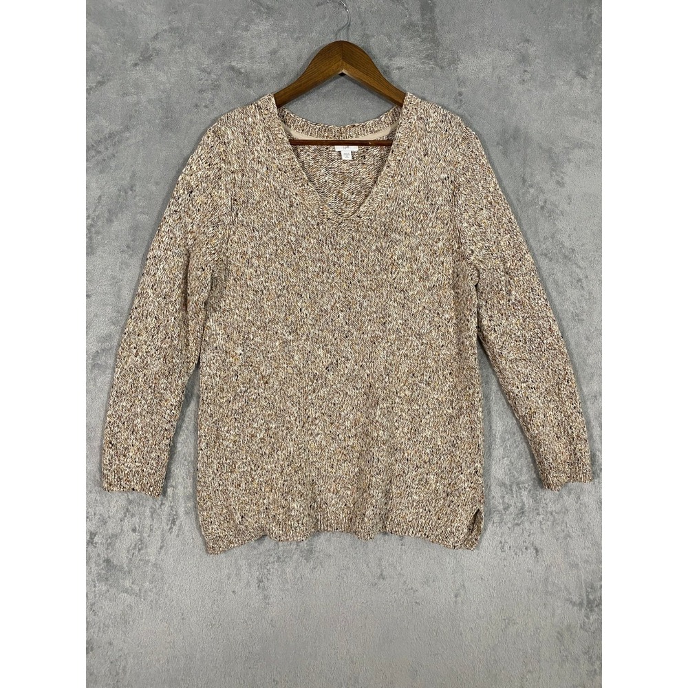 J. Jill Sweater Sz PM Tan Multi Marled V-Neck Cotton Blend Side Slit Coastal